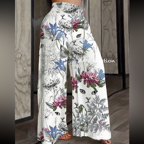 Boho Floral Print Tropical Cat Print High Waist Wide Leg Palazzo Pants White - Picture 1 of 5
